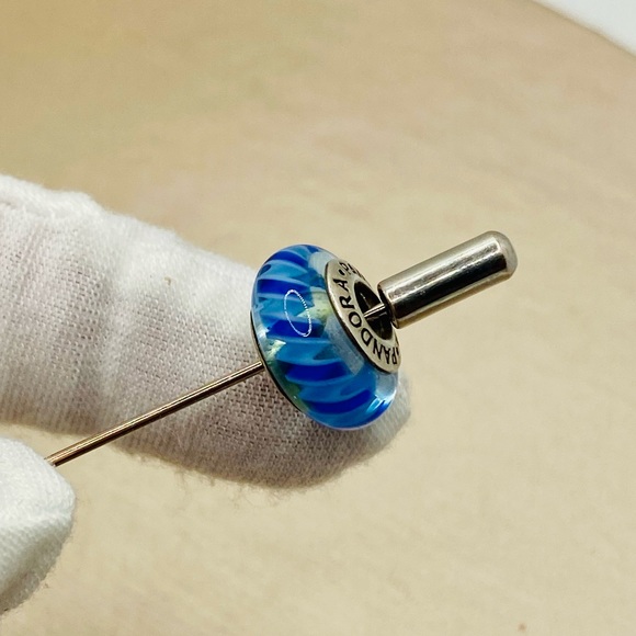 EUC Pandora 790611 Striped Teal & Blue Murano Glass Charm - Picture 7 of 10